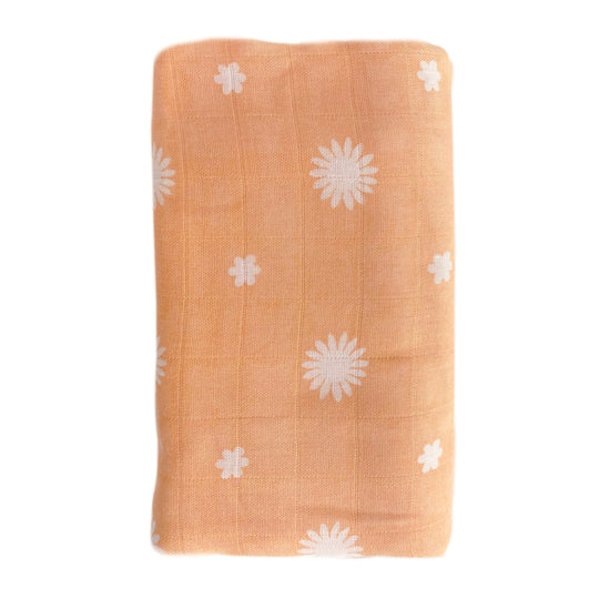 Bamboo + Cotton Muslin Swaddle Wrap - Peach - Daisy Print banner